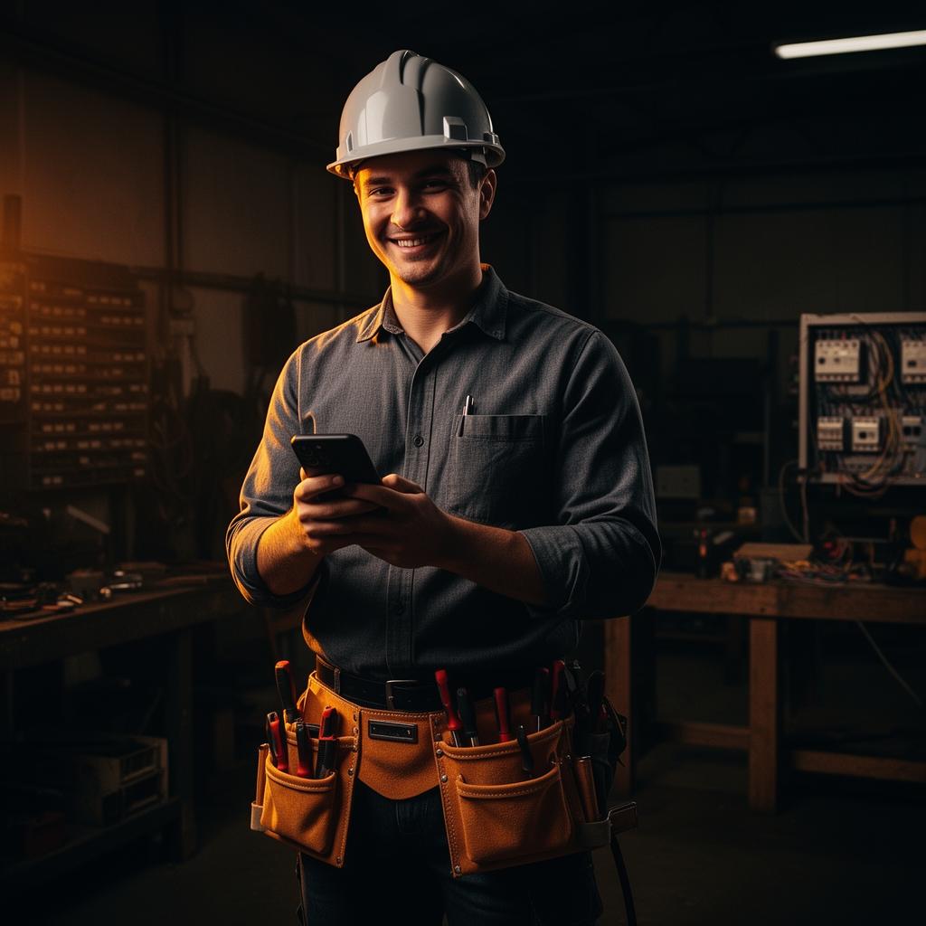 Contractor with hard hat smiling and using a phone in a workshop